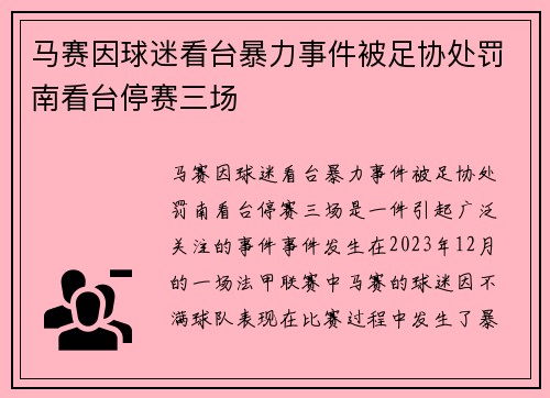 马赛因球迷看台暴力事件被足协处罚南看台停赛三场 马赛因球迷看台暴力事件被足协处罚南看台停赛三场