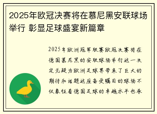 2025年欧冠决赛将在慕尼黑安联球场举行 彰显足球盛宴新篇章